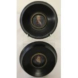 A pair of circular shaped, wooden framed, portrait miniatures.