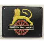 A square shaped painted cast iron British Railways wall plaque, with lion logo.