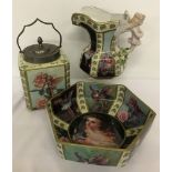 3 large ceramic items decorated with Flower Fairy transfer print and hand painted design.