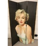 A modern canvas printed trifold room divider depicting Marilyn Monroe.