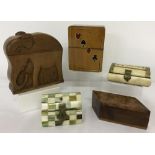 5 wooden and ethnic style boxes to include elephant shaped novelty cigarette box and card box.