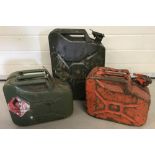 3 vintage jerry cans. A 20 litre can together with 2 x 10 litre cans.