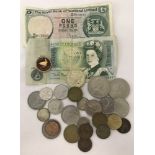 A small collection of British and foreign coins and bank note.