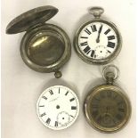 A collection of 3 pocket watches and one empty pocket watch case.