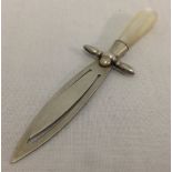 A silver bladed bookmark in the shape of a dagger, with mother of pearl handle.