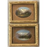 A pair of gilt framed and glazed oil on wood panels depicting continental scenes with castles.