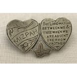 A vintage sterling silver double heart Mizpah brooch. Engraved detail & verse to front of brooch.