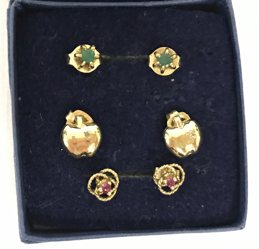 3 pairs of 9ct gold and gem set stud earrings.