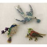 3 costume jewellery enamelled and stone set brooches in the shape of birds.