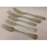 5 George IV Irish silver forks in fiddle design with arm and dagger motif to handles.