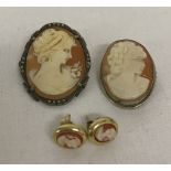 2 x vintage 800 silver cameo brooches with pendant bales attached.