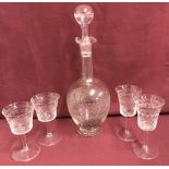 A early 20th century sherry decanter with 2 matching sherry glass and 2 liqueur glasses.