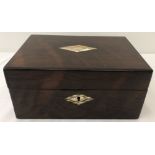 A Victorian rosewood desk top box with mother of pearl inlay to escutcheon and lid.