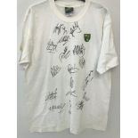 A Norwich City FC white T shirt signed by 17 squad members.