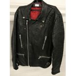 A vintage classic style, black leather bikers jacket with zip fastening.