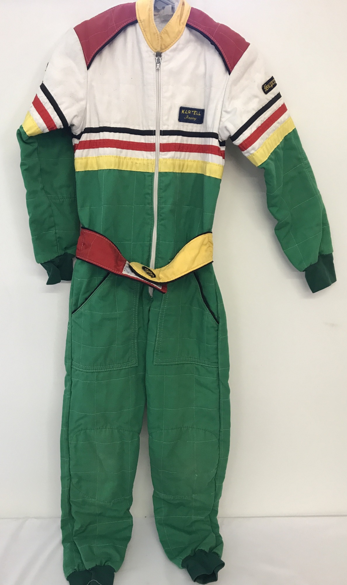 A child's multi coloured Go Kart all-in-one racing suit.