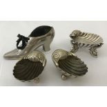 4 small silver plated items; a shoe shaped pin cushion together with 3 decorative salts.