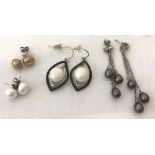 4 pairs of freshwater pearl earrings. Some marked 925.