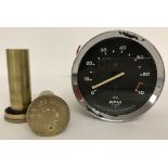 A vintage Smiths rev counter together with 2 brass oil measure filler caps marked "Castrol XL".