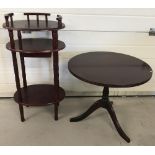 A mahogany coloured 3 tier side table with small draw together with a 3 footed coffee table.