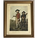 A framed and glazed engraving of a 17th century golfer and his caddie.