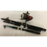 3 telescopic fishing rods. One with Olympiaz IB-102-9000 fishing reel.