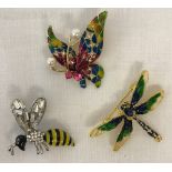 3 stone set costume jewellery brooches in the shape of insects.