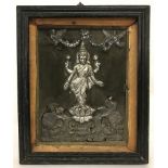 A framed vintage white metal plaque of the Hindu goddess Lashmi.