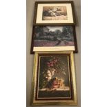 3 large framed and glazed prints, 2 with gilt frames.