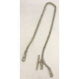 A silver Albert watch chain with t bar and 3 lobster clasps.