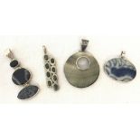 4 modern design silver and white metal pendants set with faceted and natural stone/agates and shell.