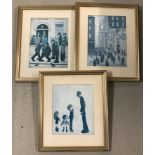 Three framed Lowry prints entitled "A Fight", "A Quarrel" and "Four People".