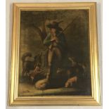 A gilt framed oleograph on canvas depicting a gamekeeper and his dogs.