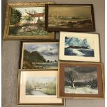 A collection of 6 framed scenes from nature to include watercolour and oil on canvas.