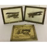 3 brass aviation plaques depicting vintage aircraft.
