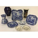 A small collection of mostly blue & white ceramics.