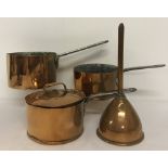 3 small Victorian copper saucepans (one lidded) together with a funnel.