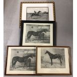 Four framed black & white prints of famous racehorses.