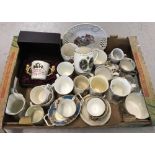 A box of assorted vintage and modern Royal Commemorative ceramic items.