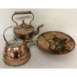A set of decorative copper & brass butchers' scales together with 2 copper kettles.