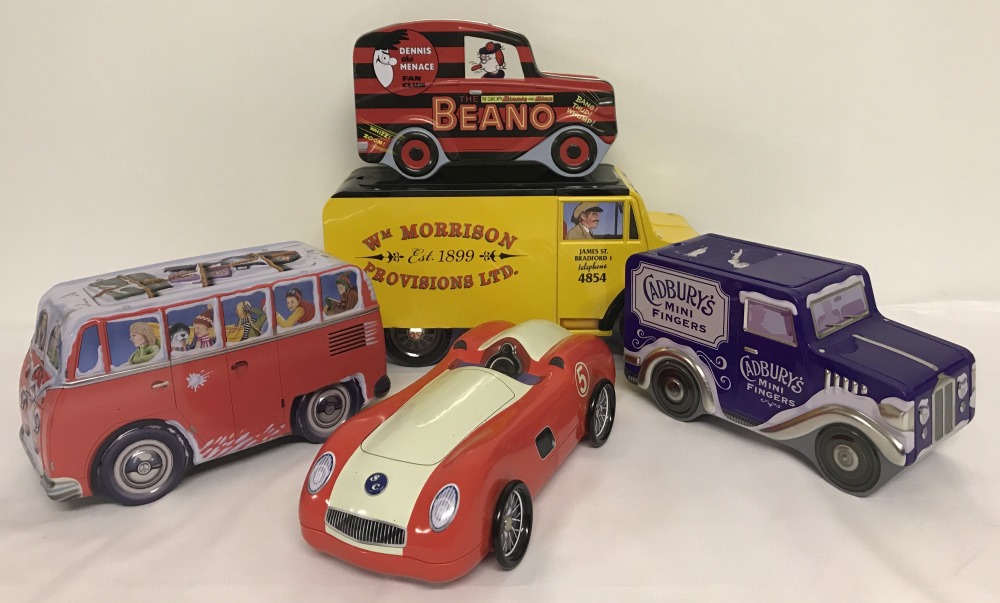 5 novelty biscuit tins in shape of vehicles.