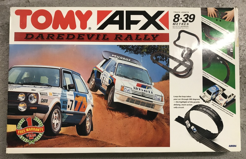 A boxed Tomy AFX Daredevil Rally motor racing set.