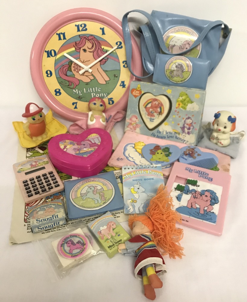 A collection of 1980's toys & accessories relating to Care Bears, My Little Pony, Gloworms