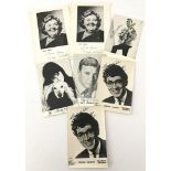 A collection of 7 Studio and fan club celebrity promotion cards with hand signed Autographs.