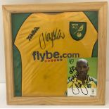 A framed and glazed Norwich City Football Club Flybe.com Youth home shirt signed by Dion Dublin.