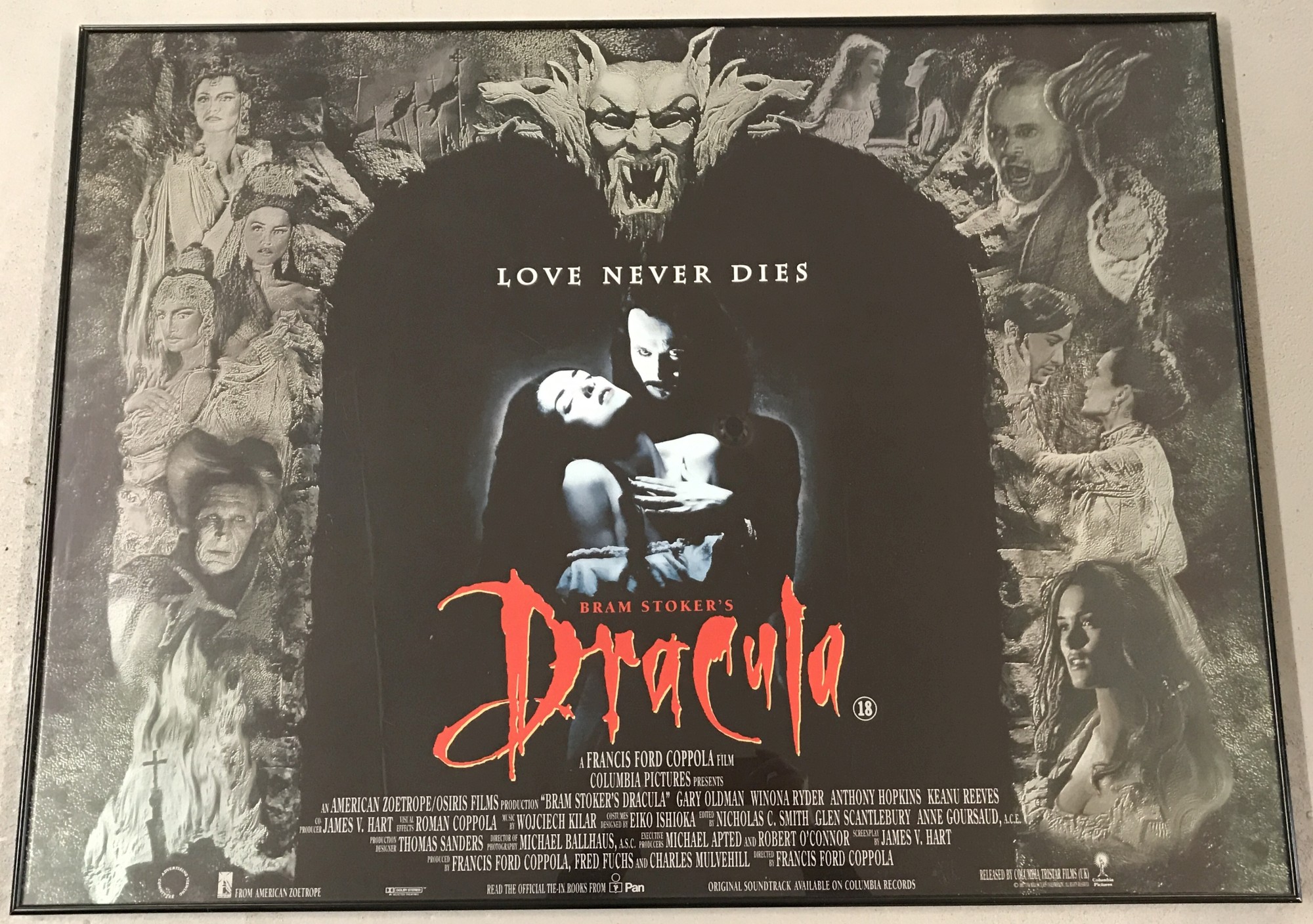 A framed & glazed 1992 film advertising poster of Bram Stoker's Dracula.