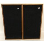 2 vintage Wharfedale Speakers in teak wood case with woven fronts.