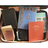 A case of assorted vintage books to include an 1852 family Bible & News Chronicle Song Book.