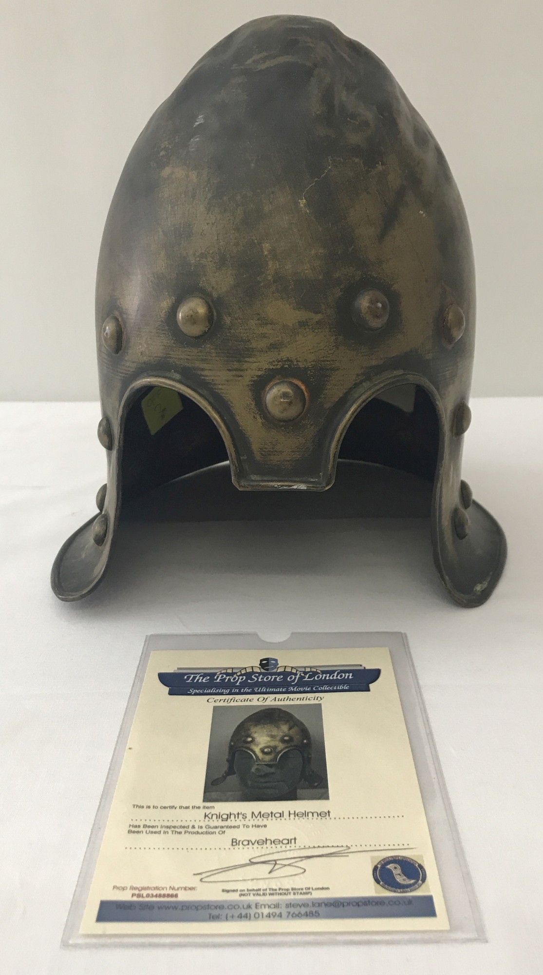 A knights metal helmet used in the 1995 film Braveheart starring Mel Gibson.