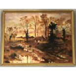 A signed oil on board painting of an autumnal woodland scene.